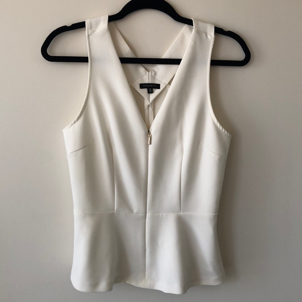 NWOT White Peplum Top with Gold Zip Size S